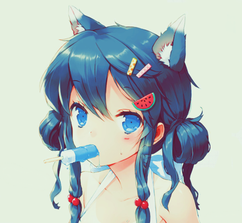 blue haired anime girl with Popsicle in mouth 